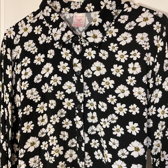 No Boundries Black White Daisy Print Long Sleeve Button Tie Pelum Waist Top 2XL - Picture 2 of 7